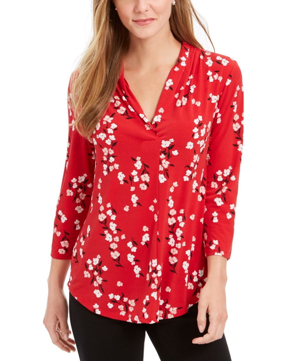 Blusa feminina com estampa floral e decote em V, plissada, vermelha, tamanho grande