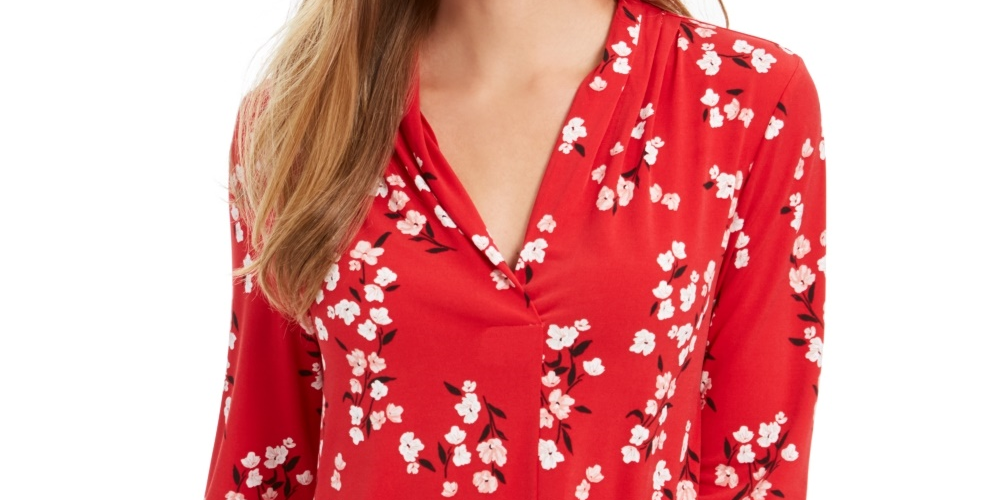 Blusa feminina com estampa floral e decote em V, plissada, vermelha, tamanho grande