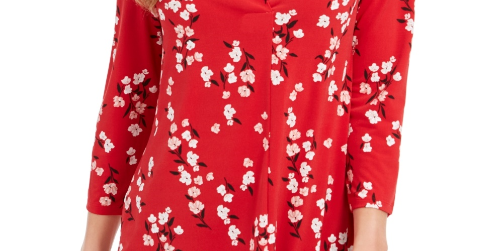Blusa feminina com estampa floral e decote em V, plissada, vermelha, tamanho grande