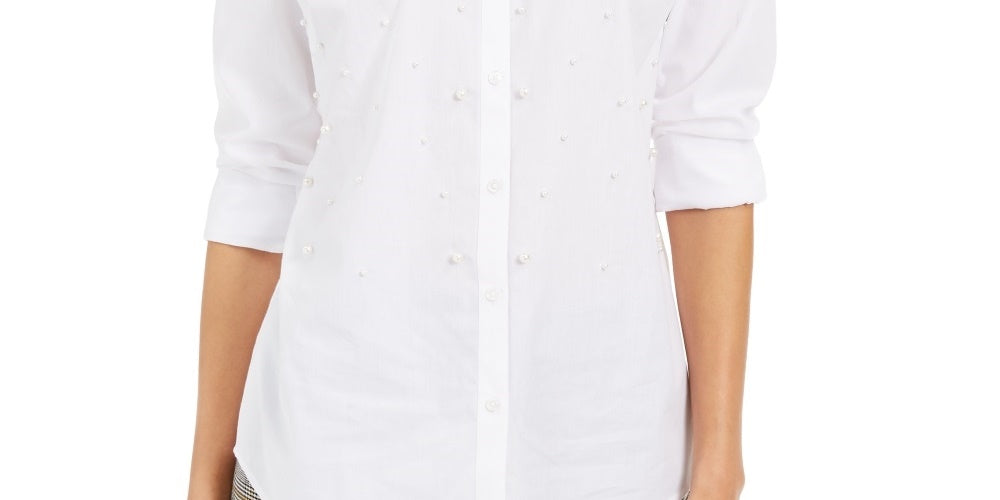 Camisa feminina Charter Club com pérolas artificiais, branca, tamanho extragrande