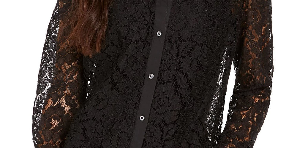 Blusa feminina Charter Club com botões e renda, preta, tamanho pequeno