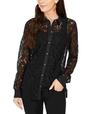 Charter Club Women's Lace Button Up Shirt Black Size Petite Medium