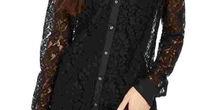 Charter Club Women's Lace Button Up Shirt Black Size Petite Medium
