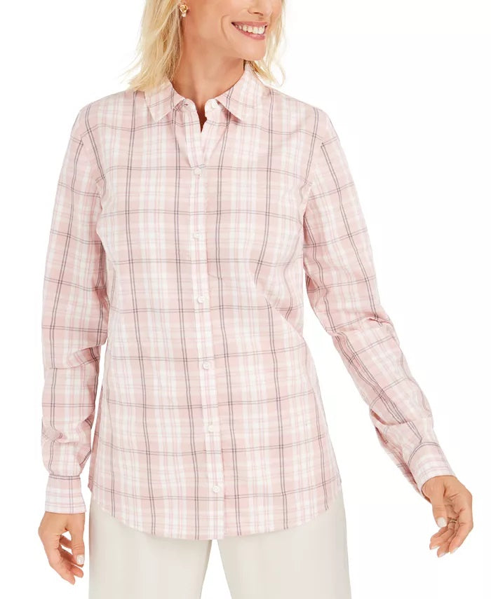 Camisa xadrez feminina Charter Club de algodão, rosa, tamanho XS