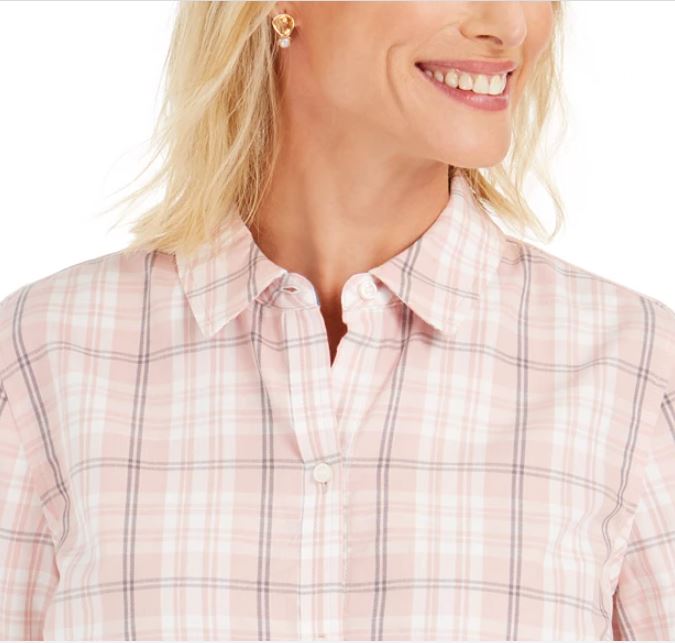 Camisa xadrez feminina Charter Club de algodão, rosa, tamanho XS