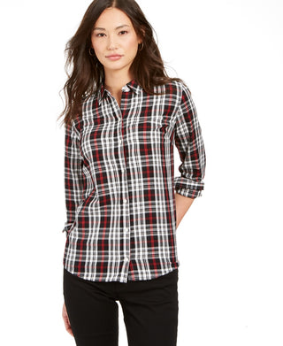 Charter Club Women's Plaid Long Sleeve With Buttons Top Black Size Petite Medium