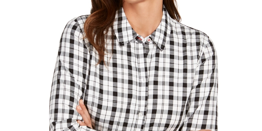 Camisa xadrez de algodão feminina Charter Club, branca, tamanho extragrande