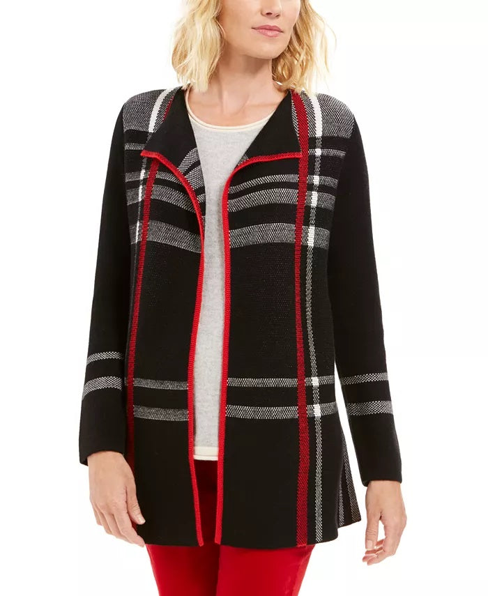 Cardigan feminino xadrez com frente aberta Charter Club, preto, tamanho XX-G
