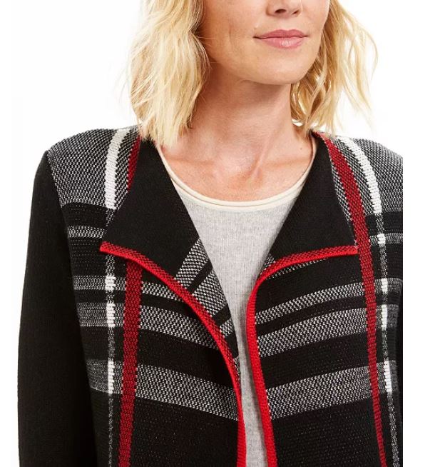 Cardigan feminino xadrez com frente aberta Charter Club, preto, tamanho XX-G