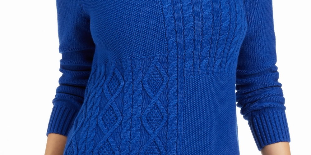 Suéter feminino Charter Club com patchwork e gola assimétrica, azul, tamanho X-S