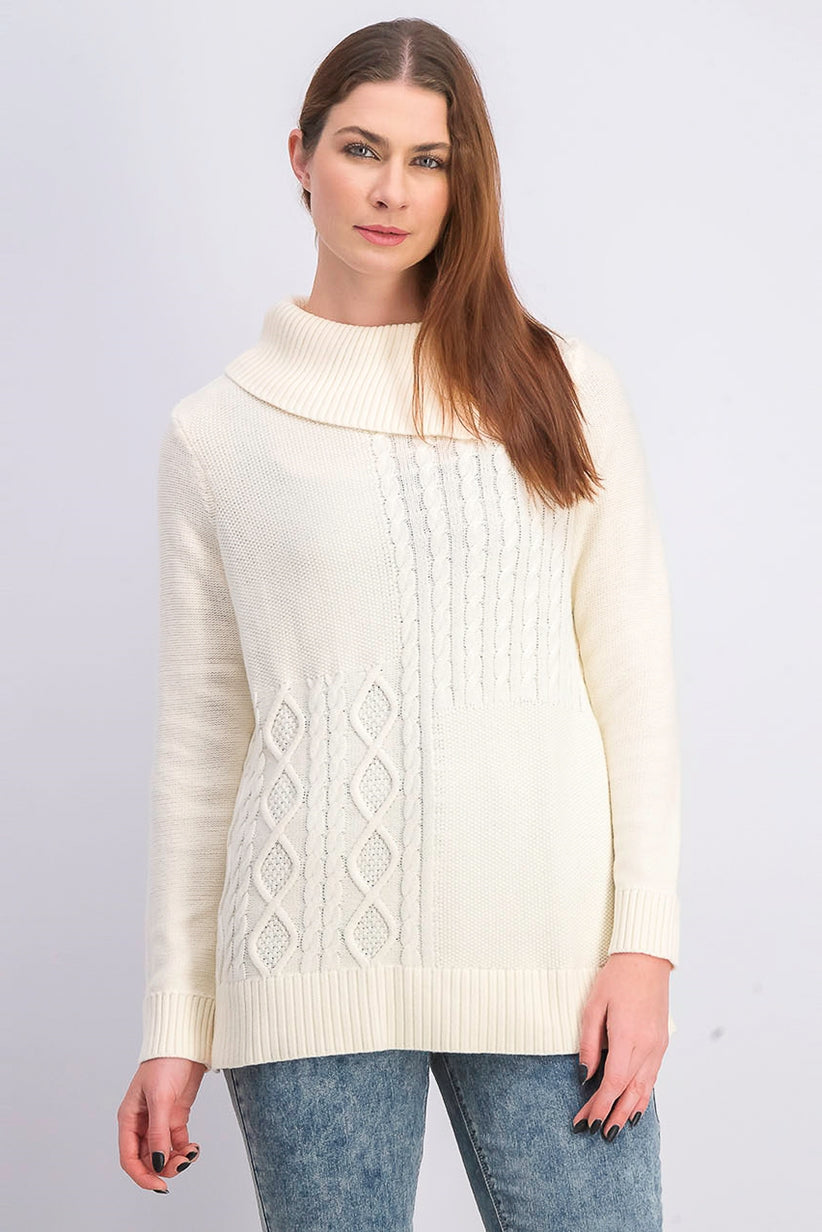 Suéter feminino Charter Club com patchwork e gola assimétrica, tamanho natural grande