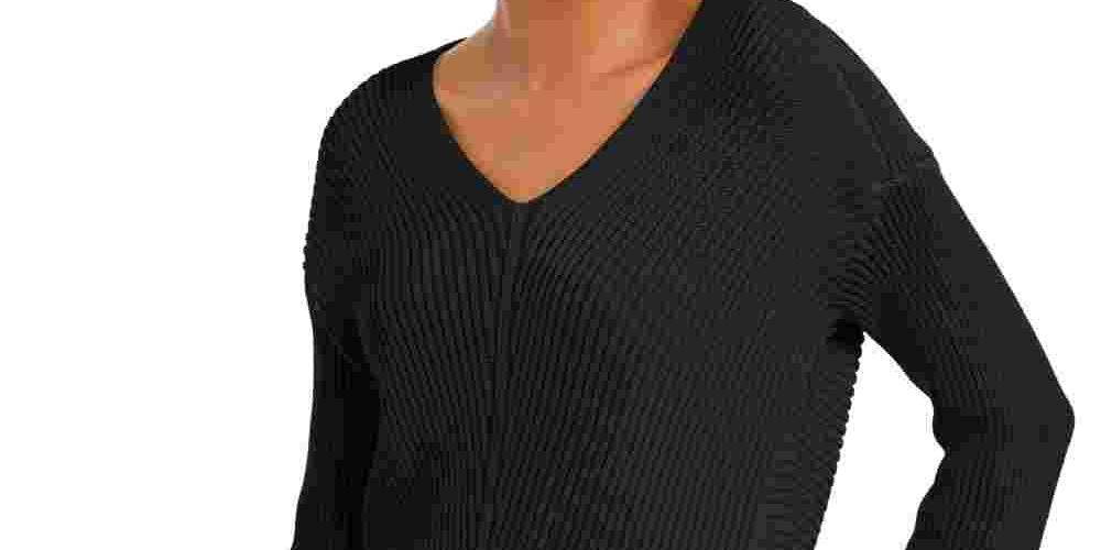 Camiseta feminina Charter Club lisa, manga comprida, gola V, preta, tamanho pequeno e pequeno