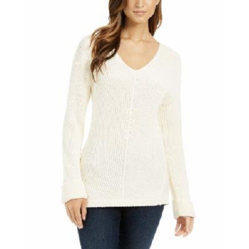 Blusa feminina Charter Club bege estampada, manga comprida, decote em V, tamanho natural, pequena e pequena