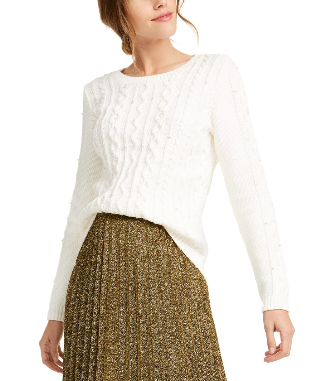 Suéter feminino Maison Jules em tricô trançado com imitação de pérolas, branco, tamanho extragrande