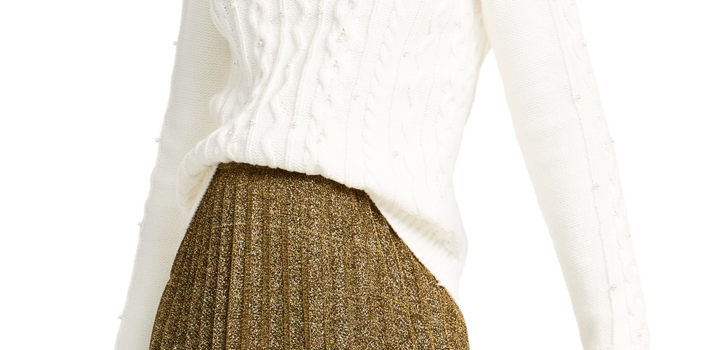 Suéter feminino Maison Jules em tricô trançado com imitação de pérolas, branco, tamanho extragrande