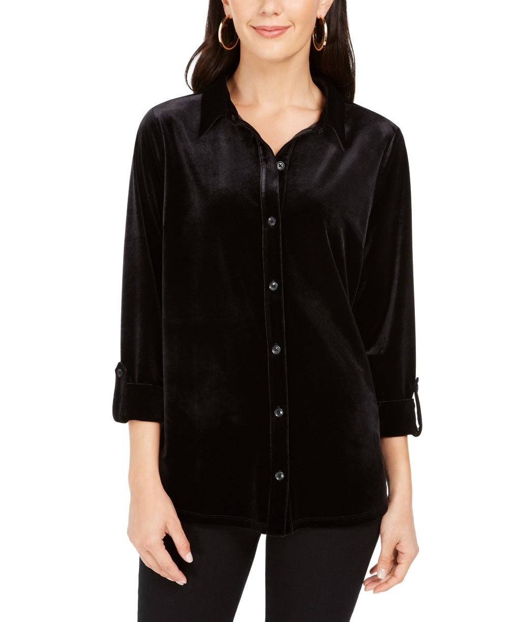 Camisa feminina de veludo com botões Charter Club, preta, tamanho pequeno