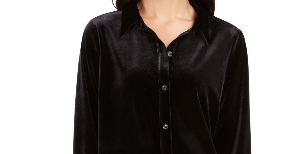 Camisa feminina de veludo com botões Charter Club, preta, tamanho pequeno