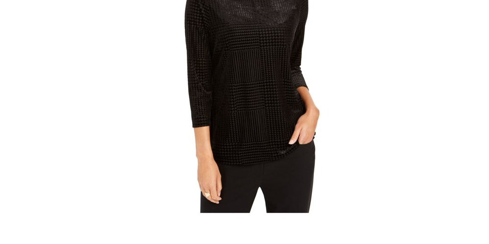 Charter Club Blusa feminina de veludo com manga 3/4 e gola alta, preta, tamanho pequeno