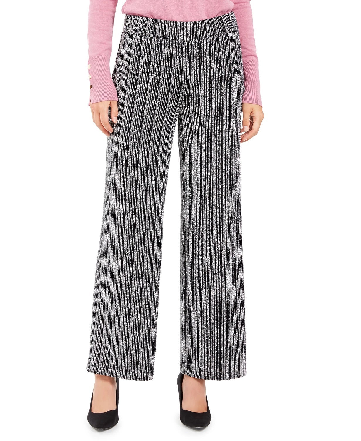 Calça feminina texturizada metálica JM Collection, preta, tamanho grande