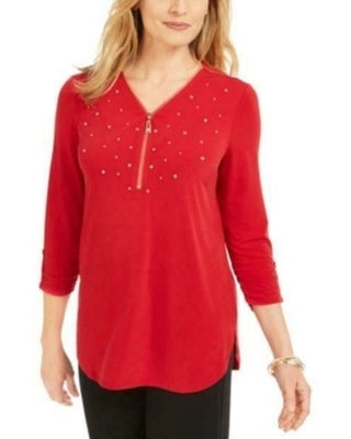 JM Collection Top Feminino com Zíper Enfeitado Vermelho Tamanho Grande