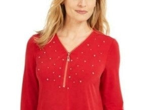 JM Collection Top Feminino com Zíper Enfeitado Vermelho Tamanho Grande
