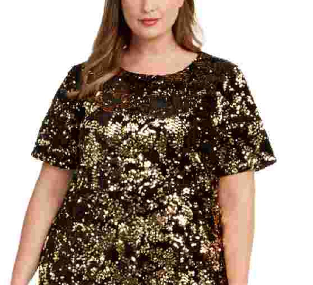 Vestido feminino plus size com lantejoulas e dois tons, dourado, tamanho 1X, da INC International Concepts