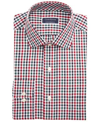 Club Room Men's Dress Shirt Green Holiday Gingham Check Red Size 17.5X32X33
