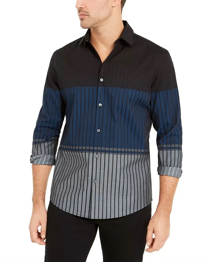 Camisa Alfani Masculina Classic Fit Colorblocked Ombre Stripe Azul Marinho Tamanho Grande