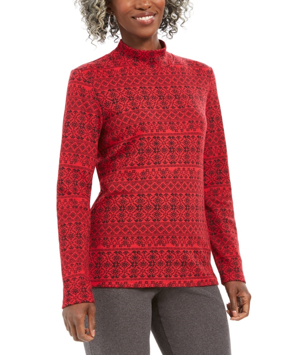 Karen Scott Feminino Fair Isle Estampado Mock Neck Top Vermelho Tamanho Pequeno Pequeno