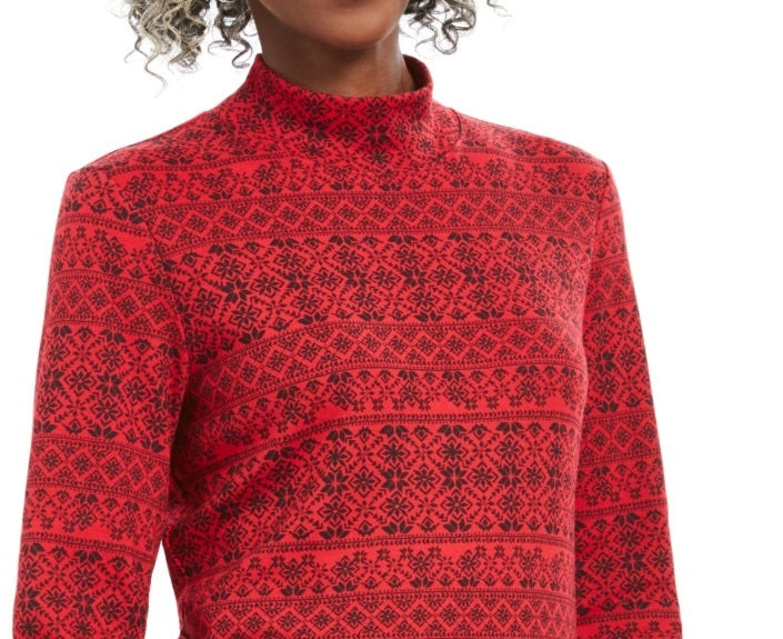 Karen Scott Feminino Fair Isle Estampado Mock Neck Top Vermelho Tamanho Pequeno Pequeno