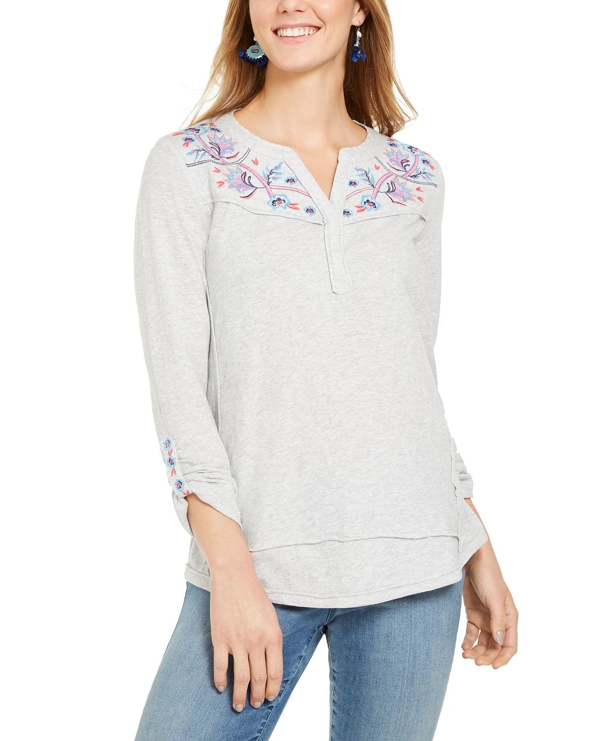 Blusa bordada feminina Style &amp; Co cinza tamanho extra pequeno