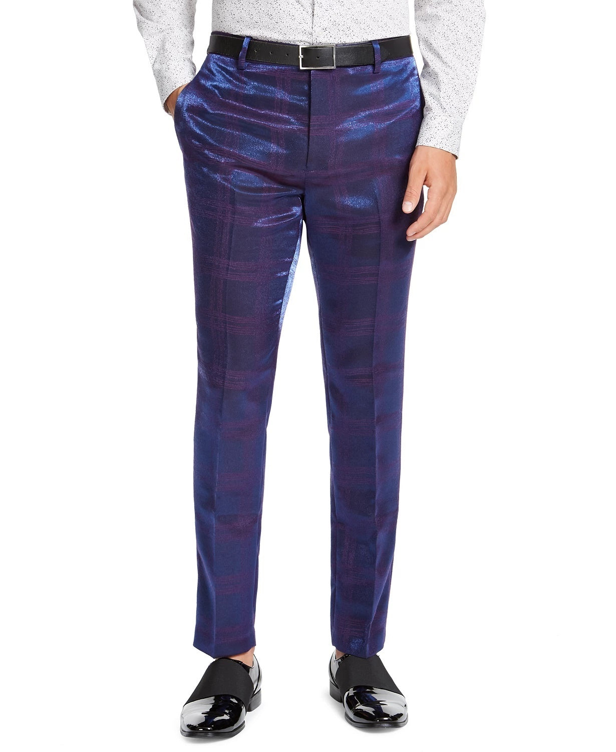 Calça xadrez iridescente masculina INC International Concepts, tamanho 34x30, roxa, slim fit
