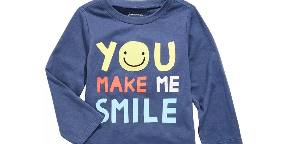 Camiseta de algodão com estampa de sorriso para meninos First Impressions, azul, tamanho 18 meses