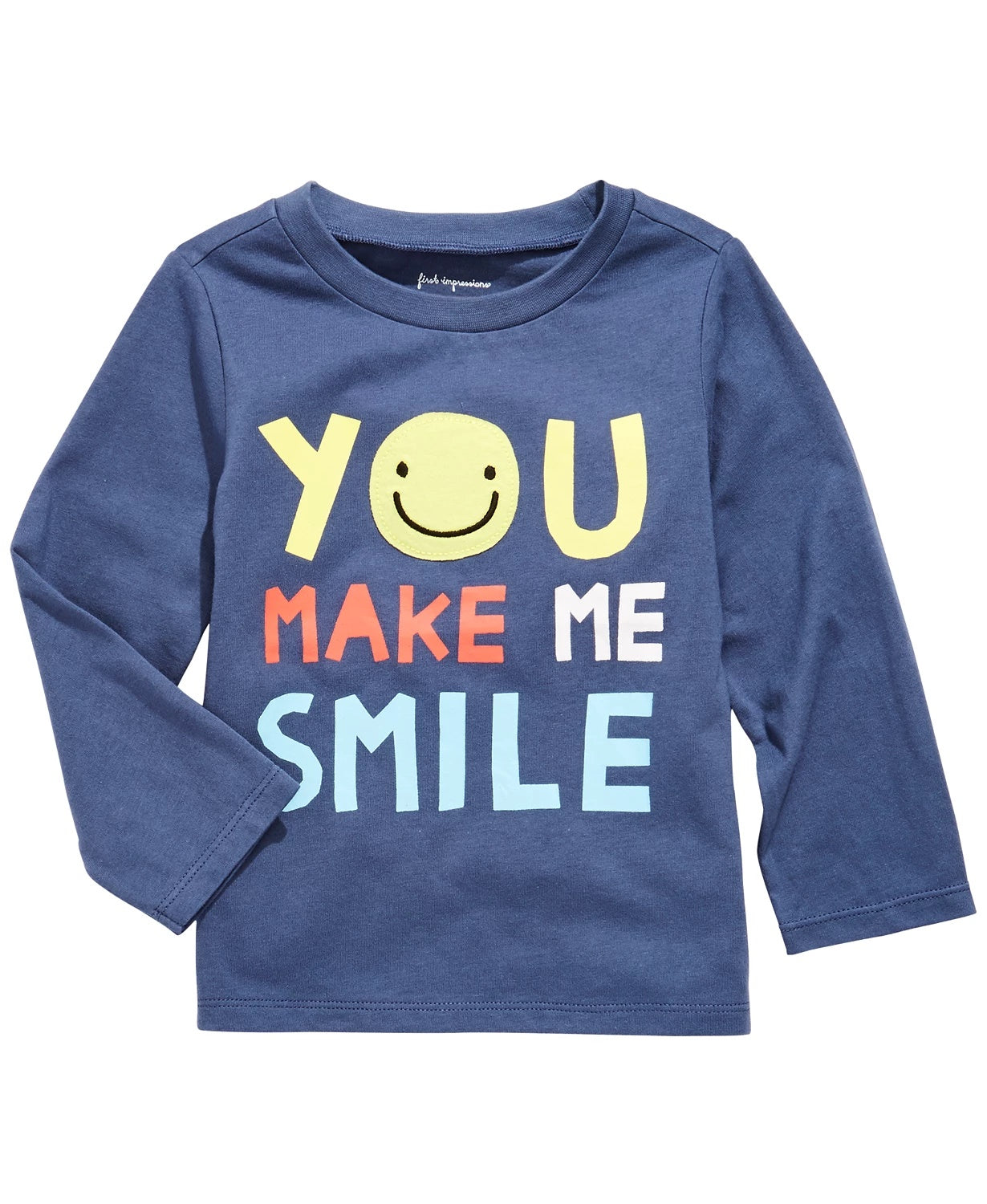 Camiseta de algodão com estampa de sorriso para meninos First Impressions, azul, tamanho 3 a 6 meses
