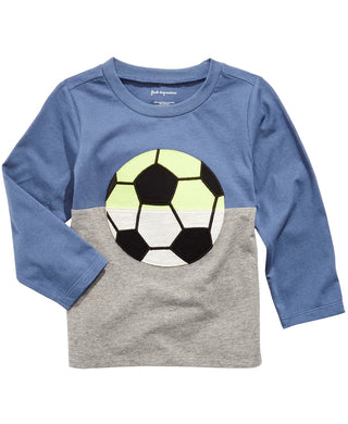 Camiseta infantil First Impressions com estampa de futebol e blocos de cores, azul, tamanho 4T