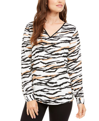 Blusa feminina Alfani com decote em V e estampa animal, preta, tamanho médio