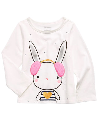 Camiseta estampada de coelho para bebês meninas First Impressions com acabamento em lã sintética Sherpa, branca, tamanho 18 meses