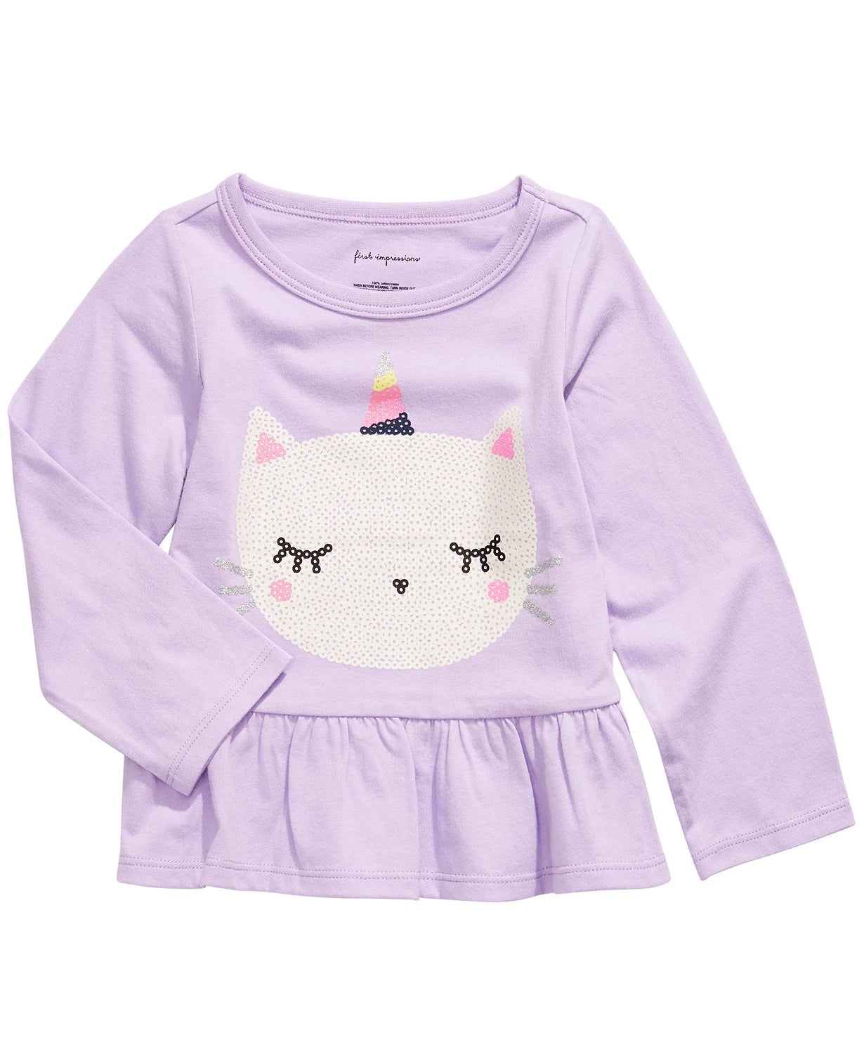 Camiseta infantil First Impressions para meninas, algodão Caticorn, bainha peplum, roxa, tamanho 2T