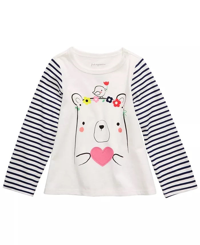 Camiseta infantil de algodão listrada com urso First Impressions para meninas, tamanho 3T