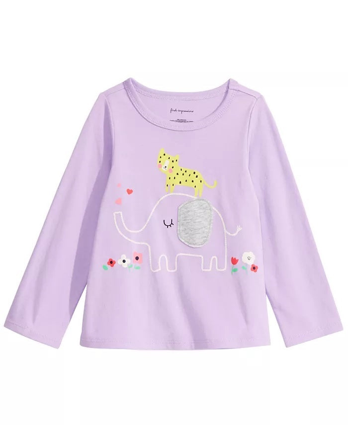 Camiseta infantil de manga comprida com elefante First Impressions para meninas, roxa, tamanho 3T