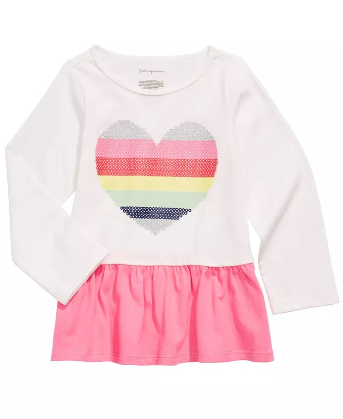 Camiseta Peplum de Algodão com Coração Arco-Íris para Bebê First Impressions, Branca, Tamanho 18 Meses