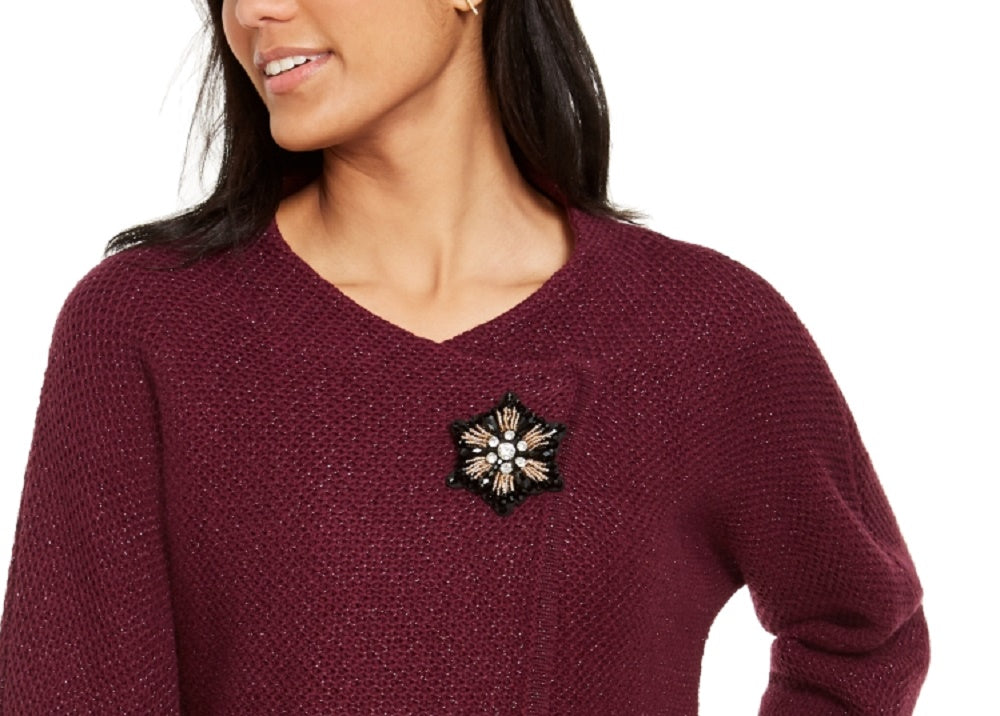 Jaqueta suéter feminina com textura metálica e broche para festa de fim de ano, roxa escura, tamanho extragrande, da coleção JM