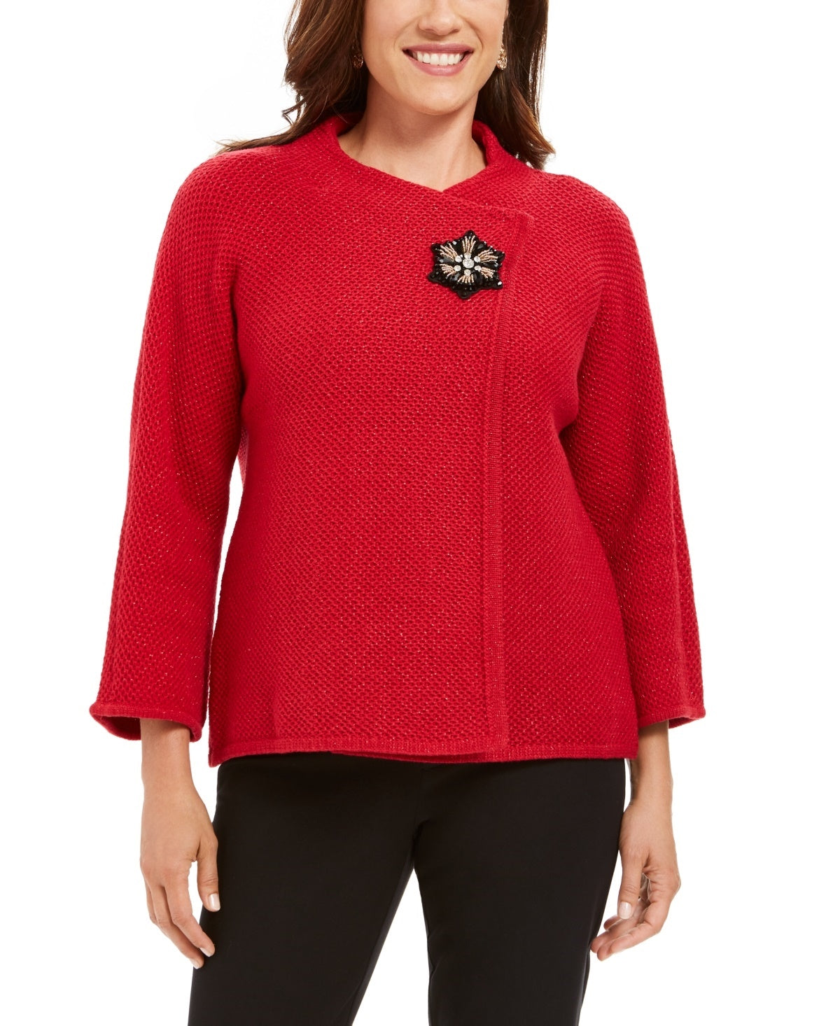 JM Collection Suéter feminino com textura metálica e broche para festa de fim de ano, tamanho médio, vermelho