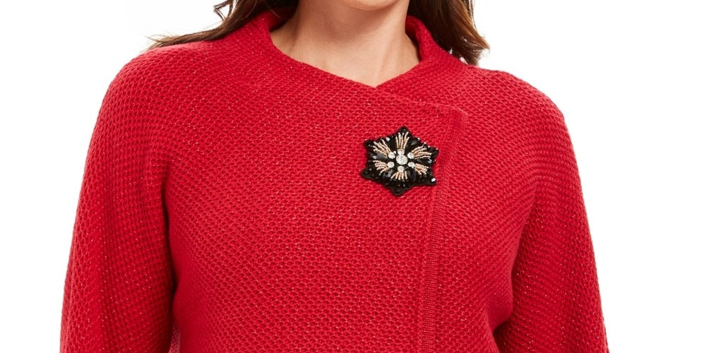 JM Collection Suéter feminino com textura metálica e broche para festa de fim de ano, tamanho médio, vermelho