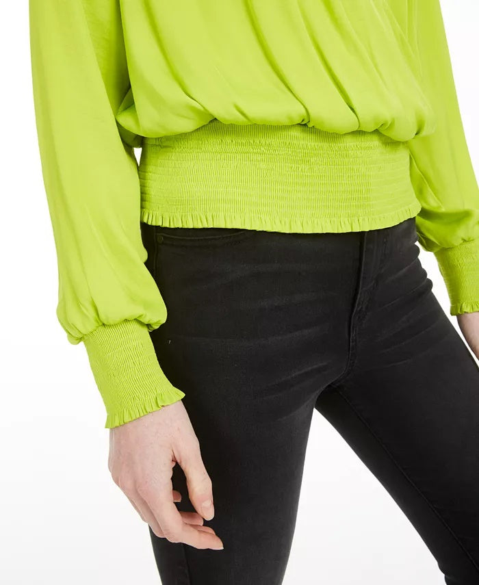 Blusa feminina Bar III Smocked Surplice, verde, tamanho pequeno