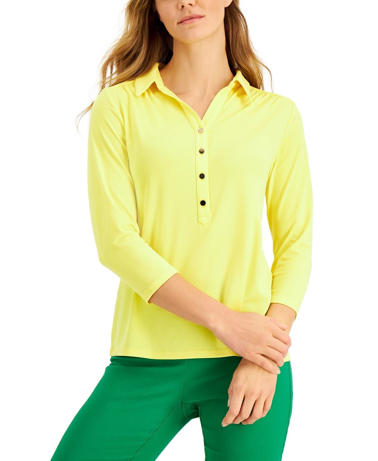 Camisa polo feminina de malha Charter Club, tamanho grande, dourada