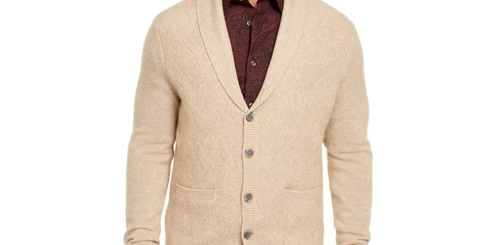 Cardigan masculino de cashmere Tasso Elba com botões, marrom, tamanho extra grande