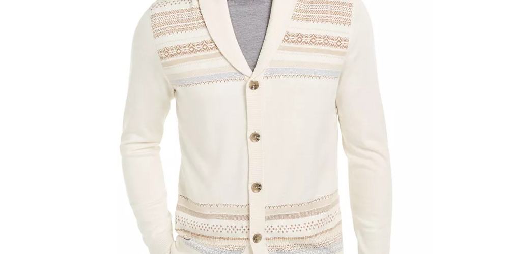 Cardigan masculino de malha intarsia com listras geométricas Tasso Elba, branco, tamanho extra grande