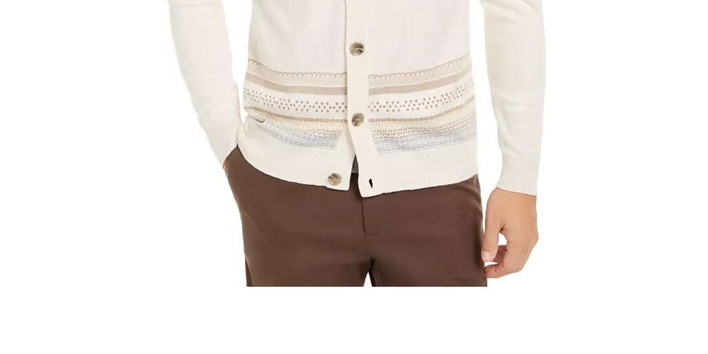 Cardigan masculino de malha intarsia com listras geométricas Tasso Elba, branco, tamanho extra grande