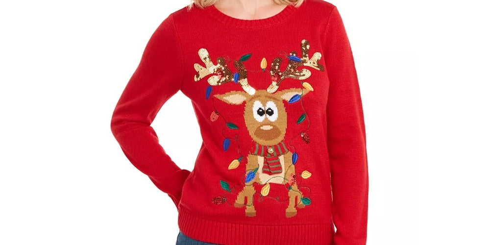 Karen Scott Suéter Feminino Rena Emaranhada com Lantejoulas Vermelho Brilhante Tamanho Grande